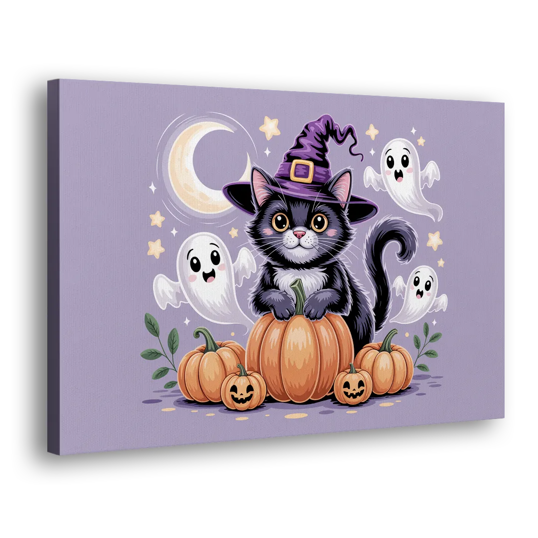 Whimsical Cat and Pumpkin Cute Halloween Side - Canvas Wall Art