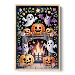 Whimsical Creatures Cute Halloween - Oak Framed Canvas Wall Art - Front
