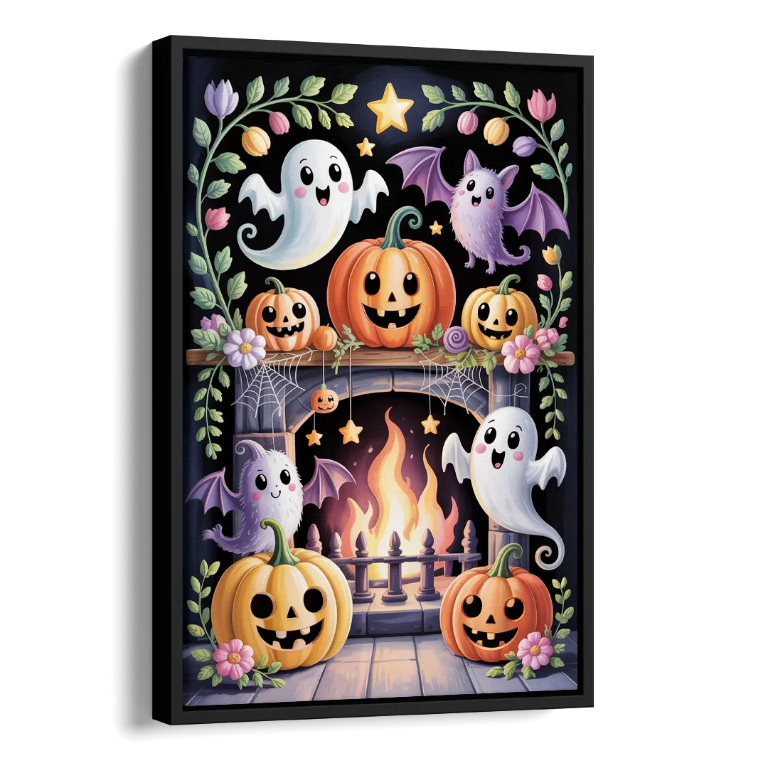 Whimsical Creatures Cute Halloween Side - Black Canvas Wall Art