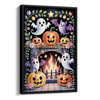 Whimsical Creatures Cute Halloween Side - Black Canvas Wall Art