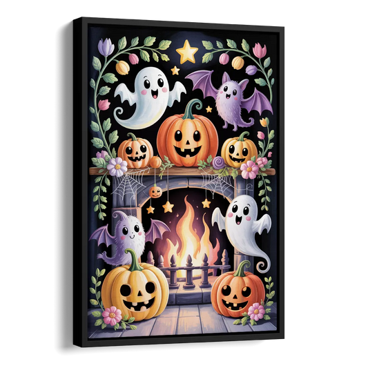 Whimsical Creatures Cute Halloween Side - Black Canvas Wall Art