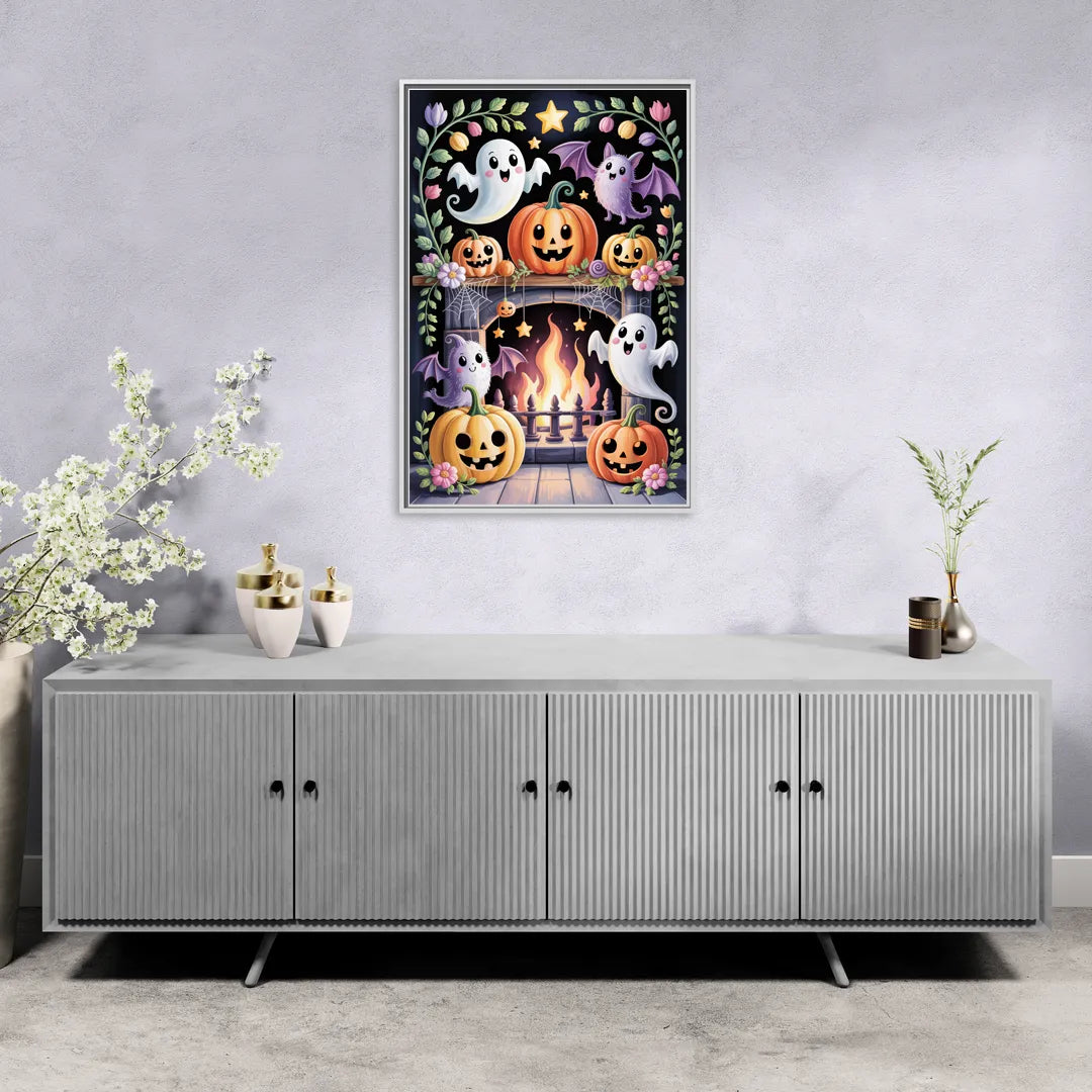 Whimsical Creatures Cute Halloween - Living Room White Frame Canvas