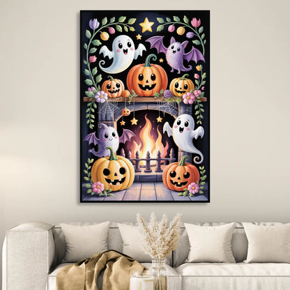 Whimsical Creatures Cute Halloween Sitting Room - Black Canvas Wall Art
