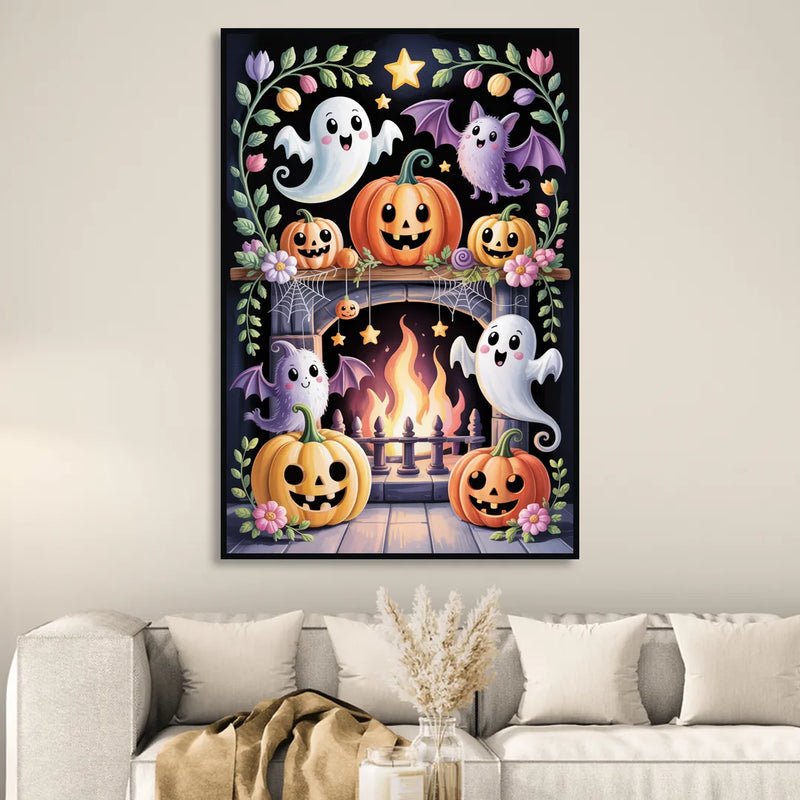 Whimsical Creatures Cute Halloween Sitting Room - Black Canvas Wall Art