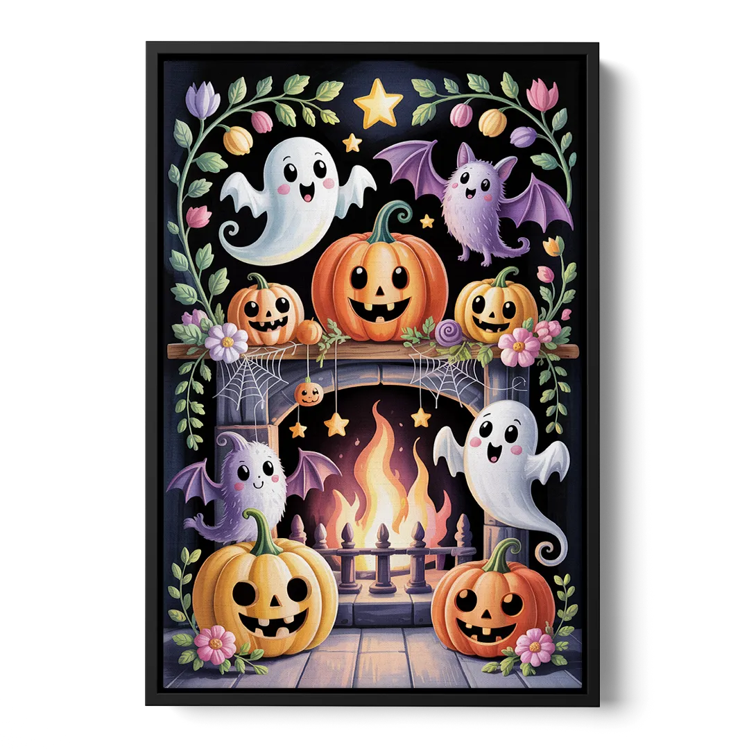 Whimsical Creatures Cute Halloween Front - Black Canvas Wall Art
