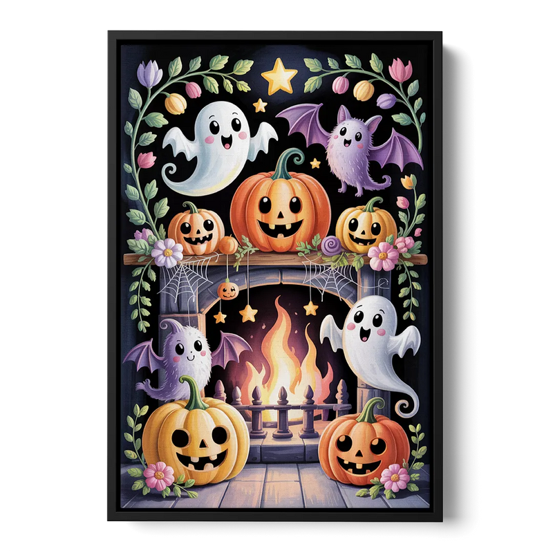 Whimsical Creatures Cute Halloween Front - Black Canvas Wall Art