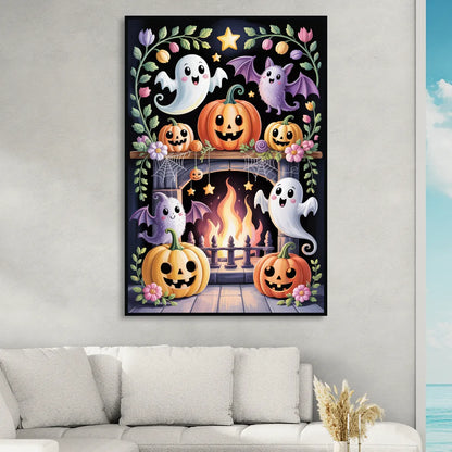 Whimsical Creatures Cute Halloween Living Room - Black Canvas Wall Art