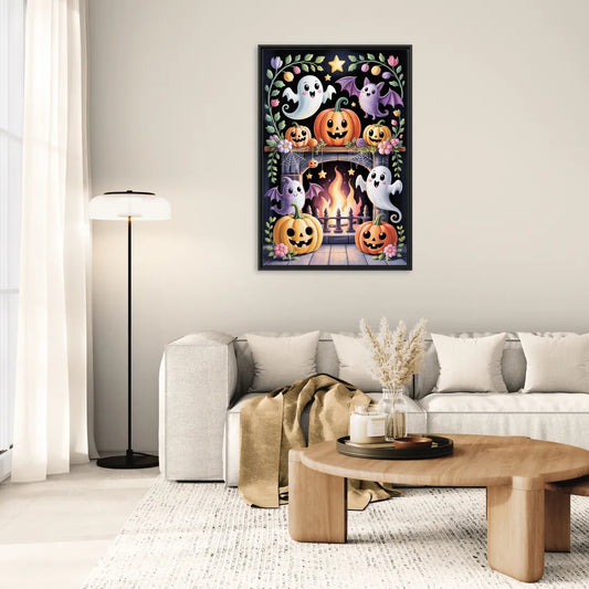 Whimsical Creatures Cute Halloween - Living Room Black Frame Canvas