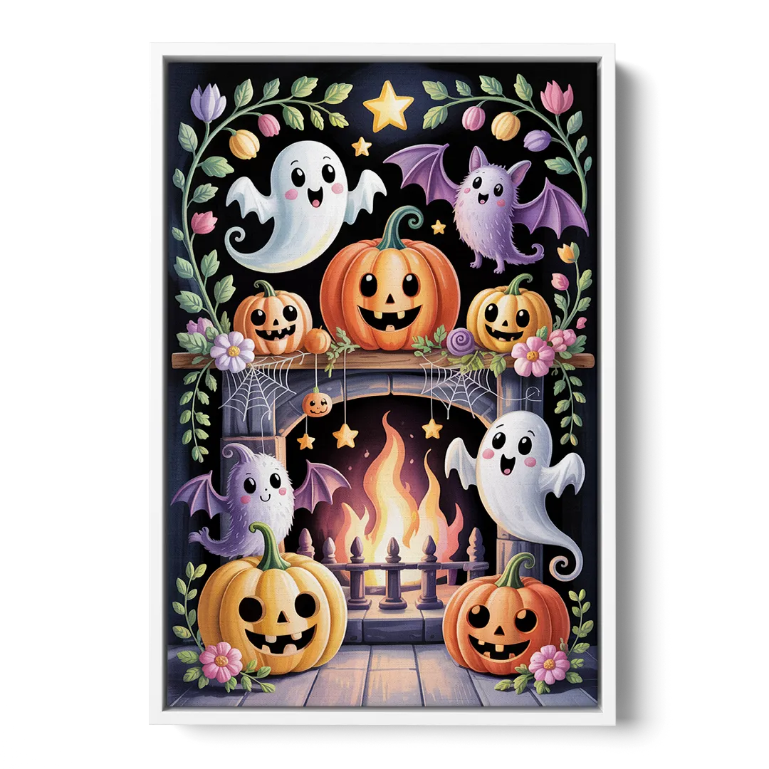 Whimsical Creatures Cute Halloween Front - White Canvas Wall Art