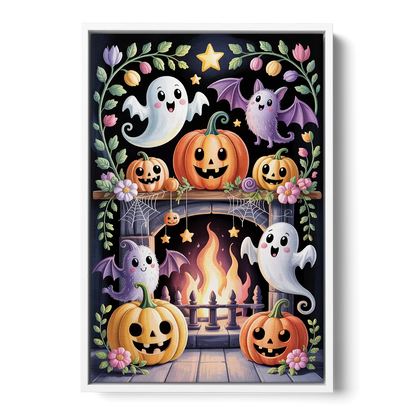 Whimsical Creatures Cute Halloween Front - White Canvas Wall Art