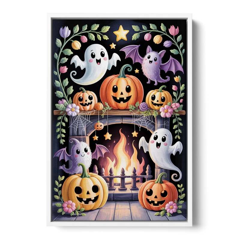 Whimsical Creatures Cute Halloween Front - White Canvas Wall Art