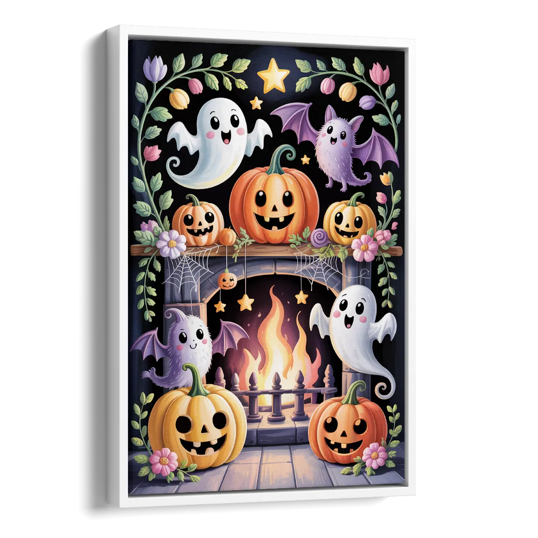 Whimsical Creatures Cute Halloween Side - White Canvas Wall Art