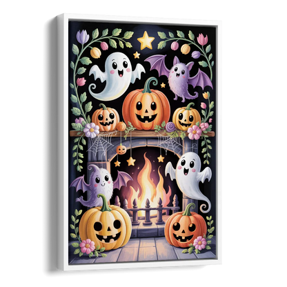 Whimsical Creatures Cute Halloween Side - White Canvas Wall Art