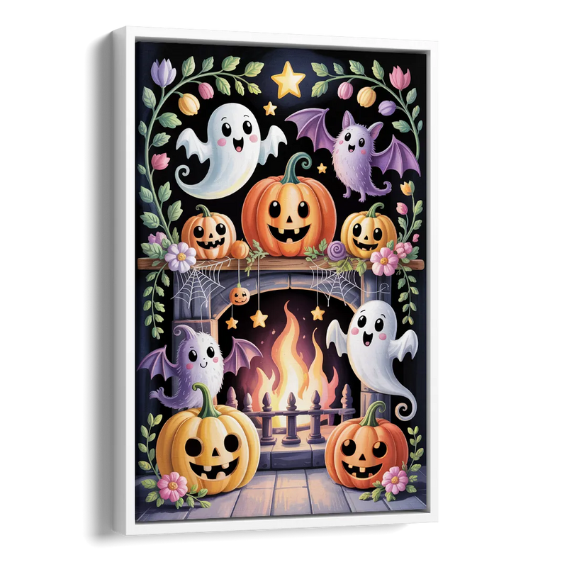 Whimsical Creatures Cute Halloween Side - White Canvas Wall Art
