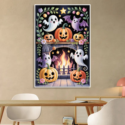 Whimsical Creatures Cute Halloween Living Room - White Canvas Wall Art