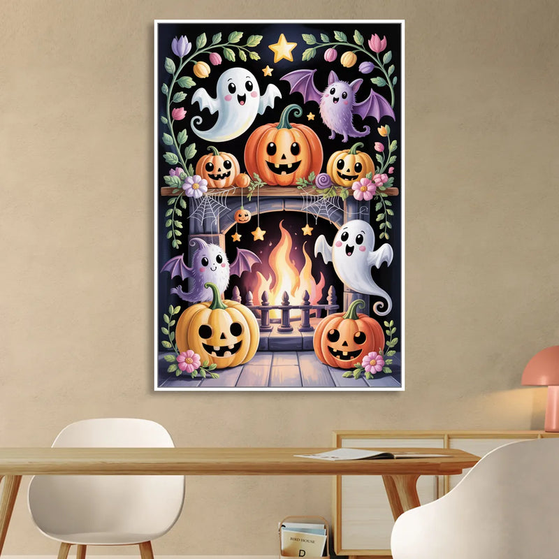 Whimsical Creatures Cute Halloween Living Room - White Canvas Wall Art