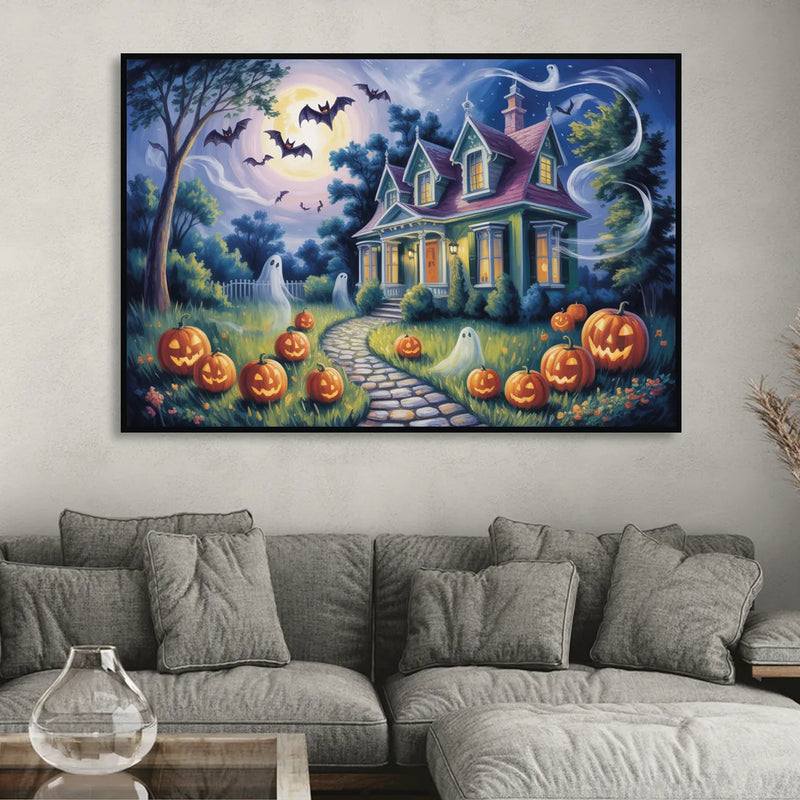 Whimsical Enchantment Victorian Halloween Living Room - Black Canvas Wall Art