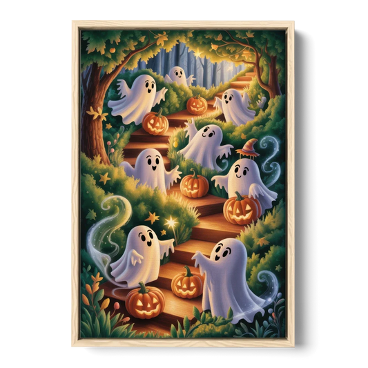Whimsical Forest Magic  Cute Halloween - Oak Framed Canvas Wall Art - Front