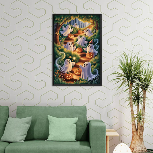 Whimsical Forest Magic  Cute Halloween - Living Room Black Frame Canvas