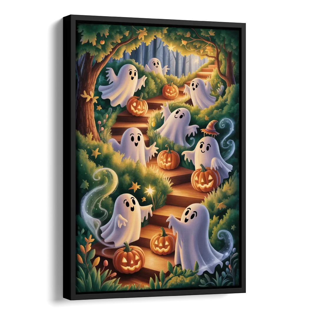 Whimsical Forest Magic  Cute Halloween Side - Black Canvas Wall Art