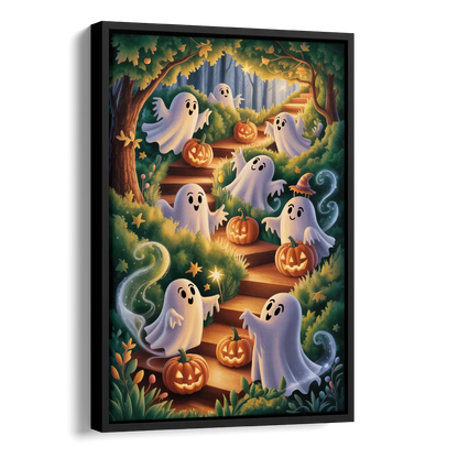 Whimsical Forest Magic  Cute Halloween Side - Black Canvas Wall Art