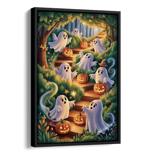 Whimsical Forest Magic  Cute Halloween Side - Black Canvas Wall Art