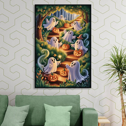 Whimsical Forest Magic  Cute Halloween Sitting Room - Black Canvas Wall Art