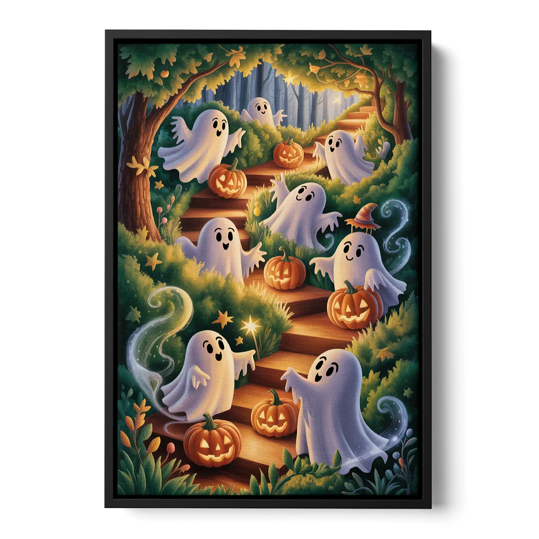 Whimsical Forest Magic  Cute Halloween Front - Black Canvas Wall Art