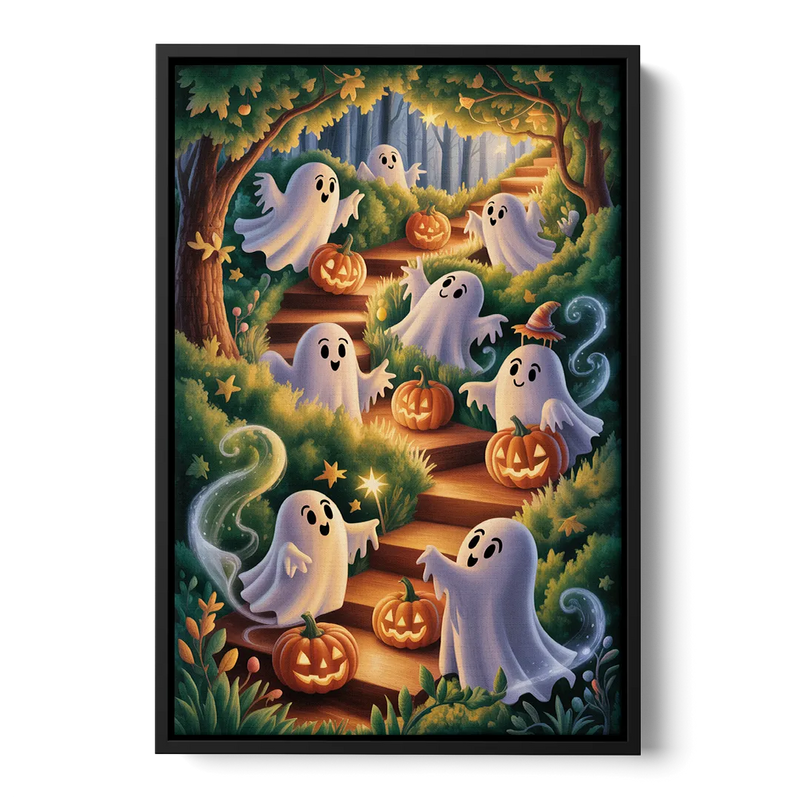 Whimsical Forest Magic  Cute Halloween Front - Black Canvas Wall Art