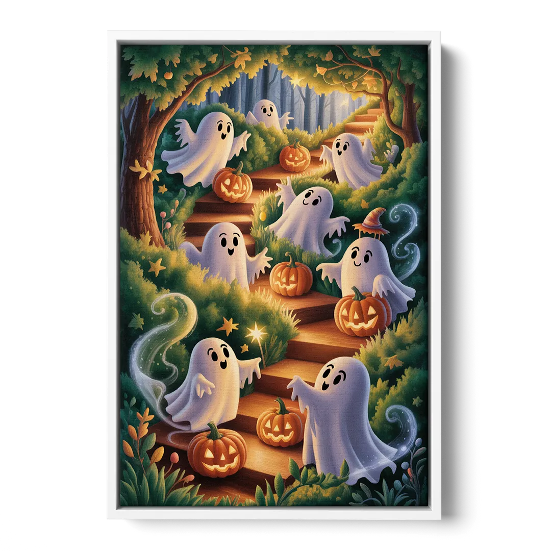 Whimsical Forest Magic  Cute Halloween Front - White Canvas Wall Art