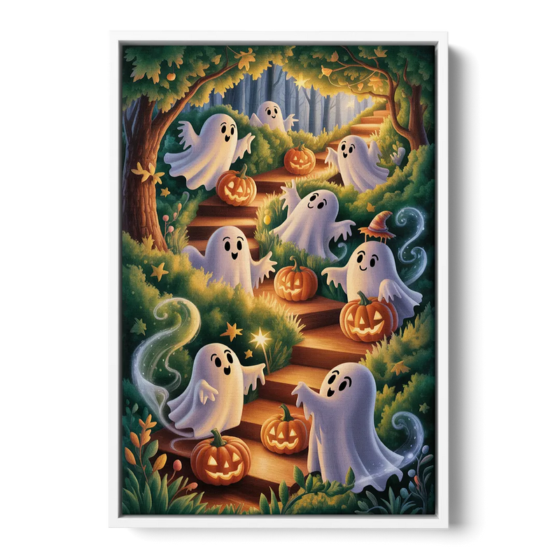 Whimsical Forest Magic  Cute Halloween Front - White Canvas Wall Art