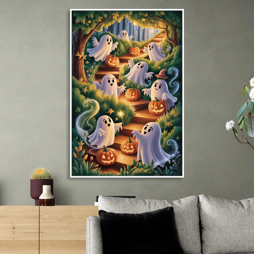 Whimsical Forest Magic  Cute Halloween Sitting Room - White Canvas Wall Art