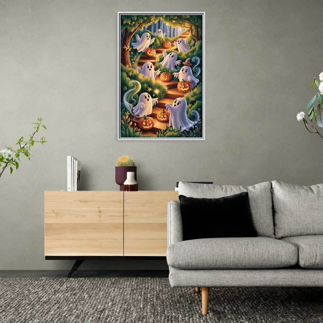 Whimsical Forest Magic  Cute Halloween - Living Room White Frame Canvas