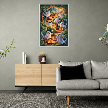 Whimsical Forest Magic  Cute Halloween - Living Room White Frame Canvas