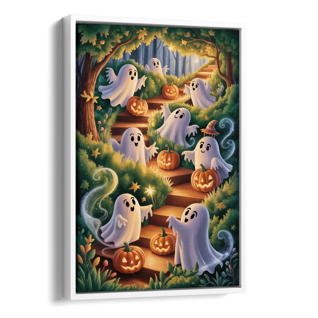 Whimsical Forest Magic  Cute Halloween Side - White Canvas Wall Art