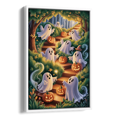 Whimsical Forest Magic  Cute Halloween Side - White Canvas Wall Art