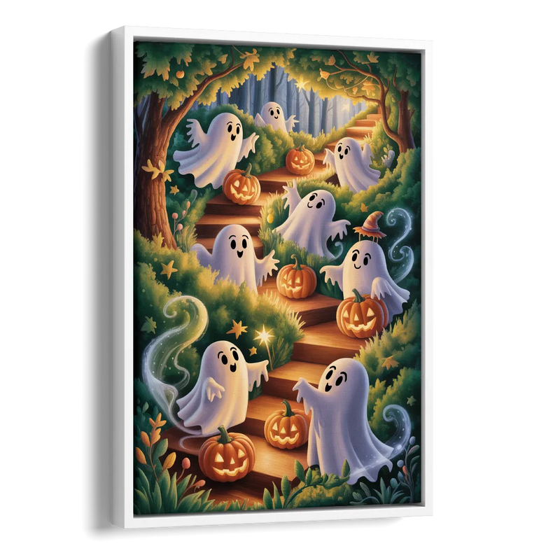 Whimsical Forest Magic  Cute Halloween Side - White Canvas Wall Art