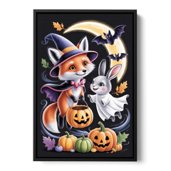 Whimsical Fox and Rabbit Cute Halloween - Black Framed Canvas Wall Art - Front