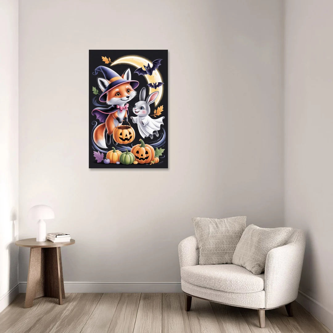 Whimsical Fox and Rabbit Cute Halloween - Canvas Wall Art - Sofa - 24x36