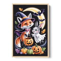 Whimsical Fox and Rabbit Cute Halloween - Oak Framed Canvas Wall Art - Front