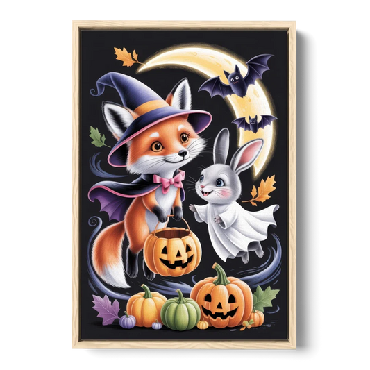 Whimsical Fox and Rabbit Cute Halloween - Oak Framed Canvas Wall Art - Front