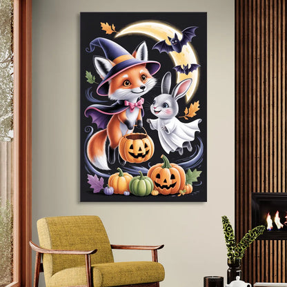 Whimsical Fox and Rabbit Cute Halloween Sitting Room - Canvas Wall Art