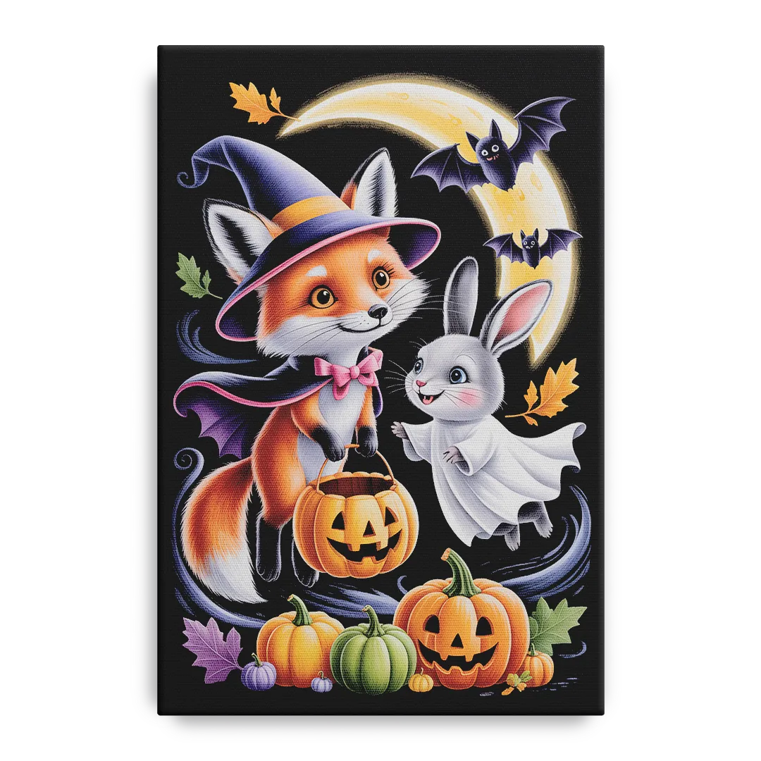 Whimsical Fox and Rabbit Cute Halloween Front - Canvas Wall Art