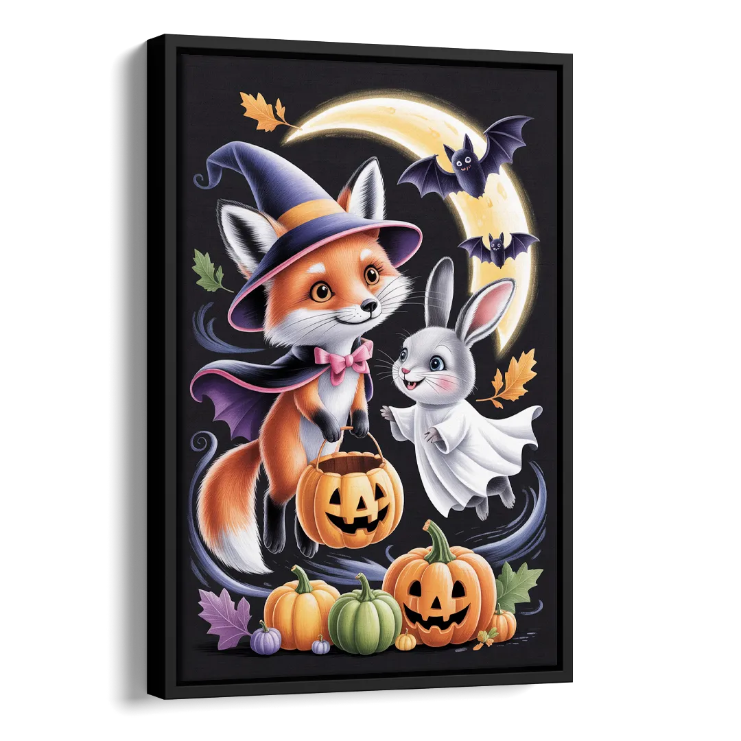 Whimsical Fox and Rabbit Cute Halloween Side - Black Canvas Wall Art