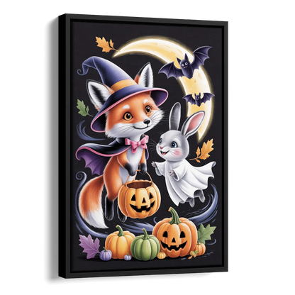 Whimsical Fox and Rabbit Cute Halloween Side - Black Canvas Wall Art