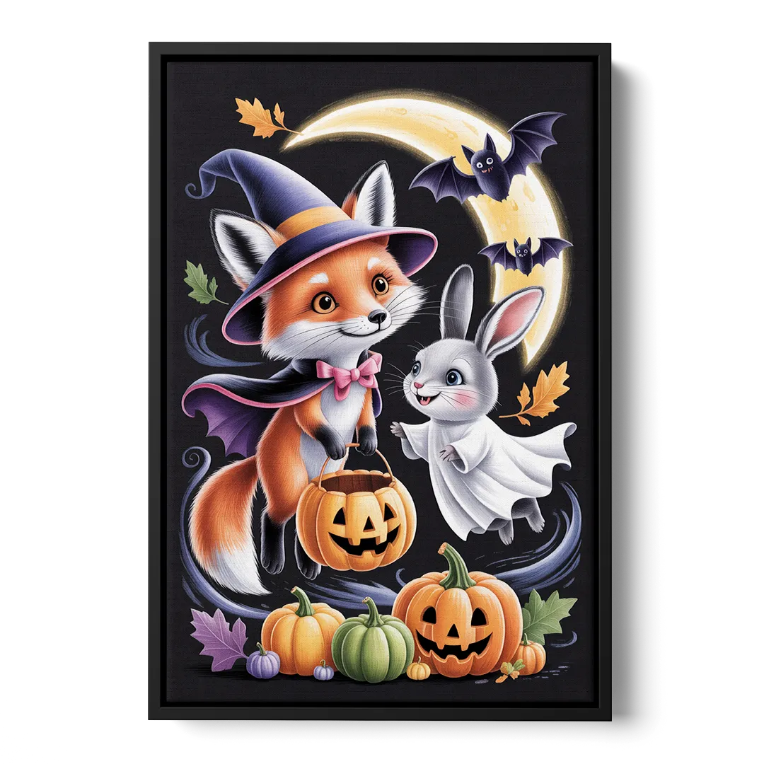 Whimsical Fox and Rabbit Cute Halloween Front - Black Canvas Wall Art