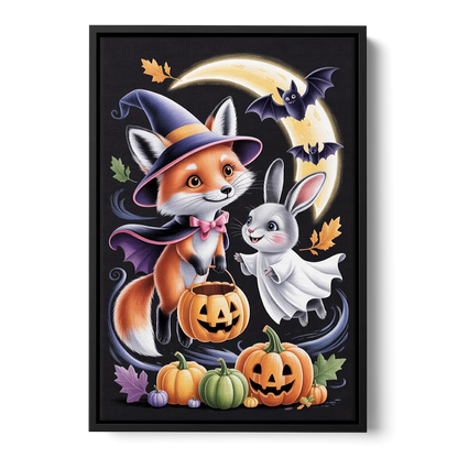 Whimsical Fox and Rabbit Cute Halloween Front - Black Canvas Wall Art