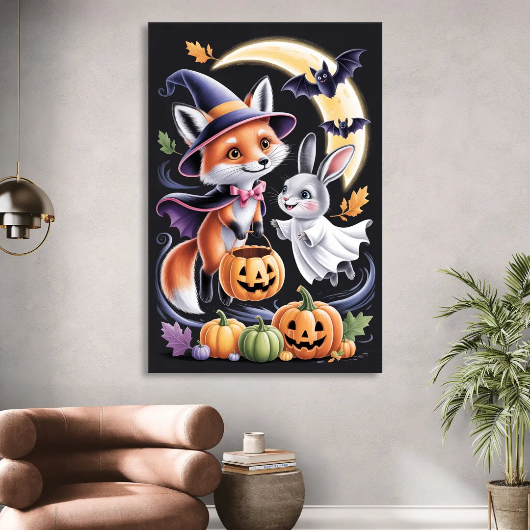 Whimsical Fox and Rabbit Cute Halloween Living Room - Canvas Wall Art