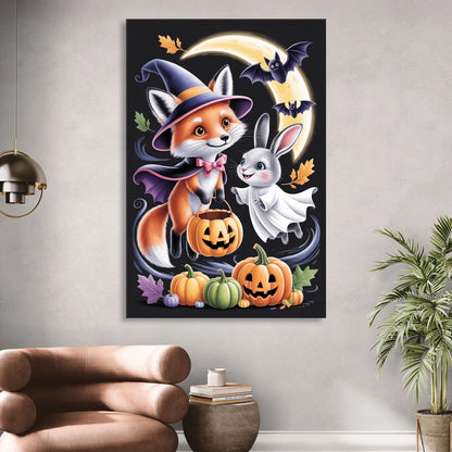 Whimsical Fox and Rabbit Cute Halloween Living Room - Canvas Wall Art