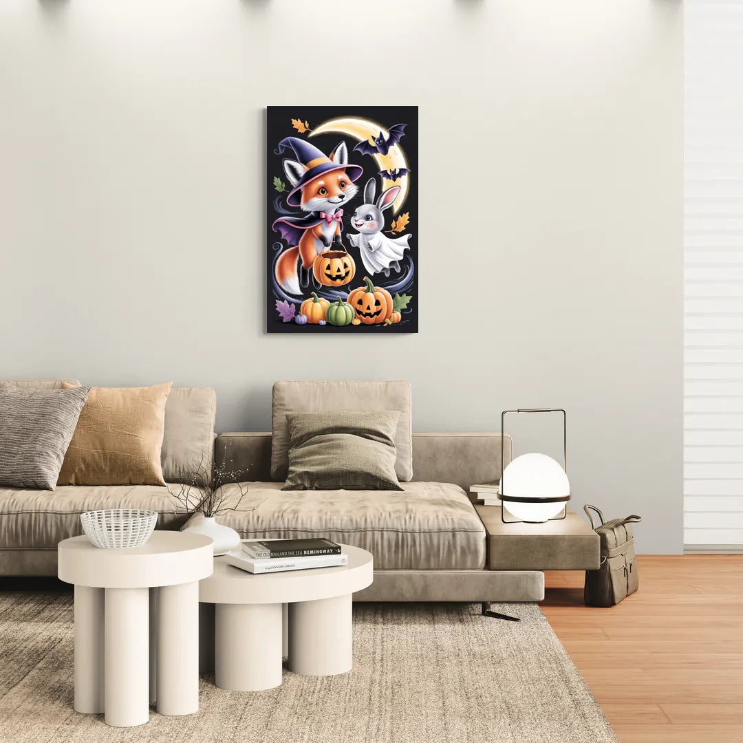 Whimsical Fox and Rabbit Cute Halloween - Canvas Wall Art Living Room